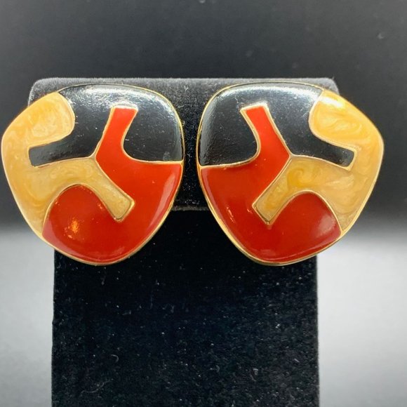 Signed Monet Vintage 1984 Gold Tone Red Black Yellow Enamel Brooch Earrings - Picture 8 of 10
